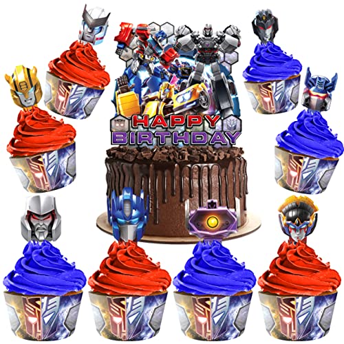 Treasures Gifted Officially Licensed Transformers Cake Decorations Set - (24) Transformers Cupcake Toppers & Wrappers - (1) Transformers Cake Topper - Transformers Birthday Party Supplies