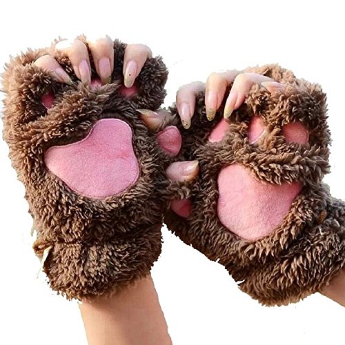 Himine Cat Claw Bear Paw Fingerless Winter Plush Gloves 1Pair (Brown)