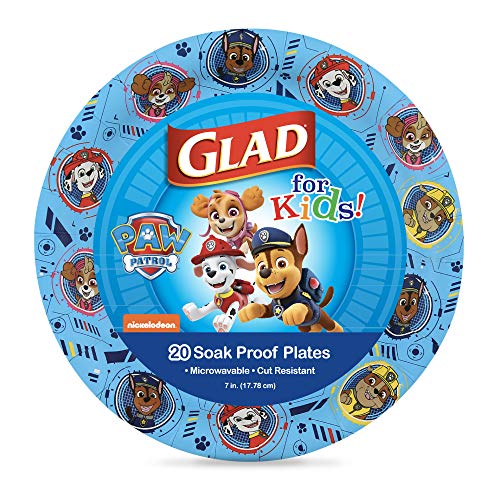Glad for Kids Paw Patrol Paper Plates , Disposable Paw Patrol Plates for Kids , Heavy Duty Soak Proof Microwavable Paper Plates, Core Pups Blue 7 Inch Round Plates 20ct , Paw Patrol Birthday