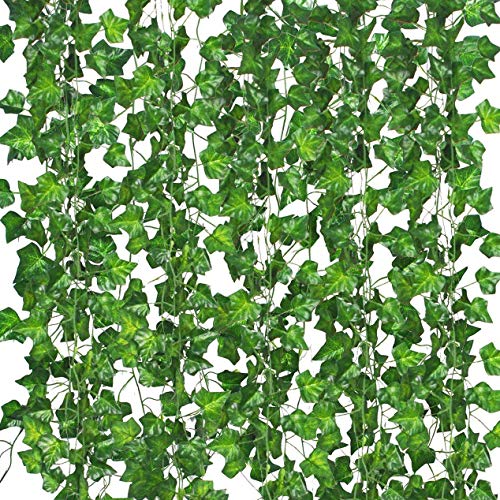 12 Pack Fake Vines for Room Decor Artificial Ivy Garland with Clip Green Flowers Hanging Plants Faux Greenery Leaves Bedroom Aesthetic Decor for Home Garden Wall Wedding