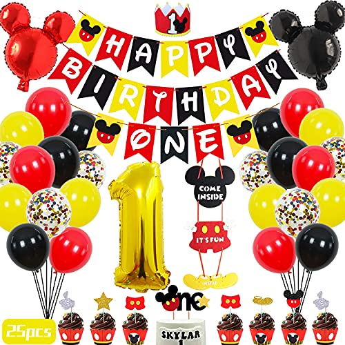 Mouse 1st Birthday Party Supplies Decorations 57Pcs - Happy Birthday Banner ONE Banner Balloons '1' Foil Balloon Hat Door Sign Cupcake Topper Video Game Birthday Decorations for Boys Girls Kids Babies
