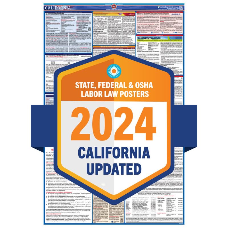 2024 Latest California Labor Law Poster - State, Federal, OSHA Compliant - Workplace Required Posting for Employees - English Employment Poster- UV Laminated Waterproof - 25.5' x 40”- English