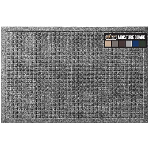 Gorilla Grip Ultra Absorbent Moisture Guard Doormat, Absorbs Up to 5.7 Cups of Water, Stain and Fade Resistant, Spiked Rubber Backing, All Weather Mats Capture Dirt, Indoor Outdoor, 35x23, Grey