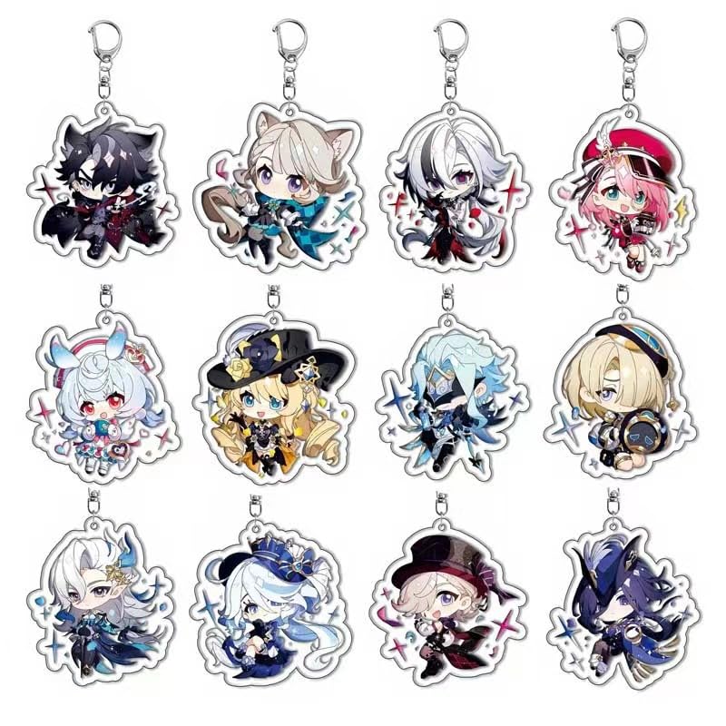 ByeRz Genshin Impact Fontaine character keychains， Genshin Impact Keychains set 12 pack Acrylic Keychains Genshin Anime Cartoon Game Figure Keyring with Pendant.