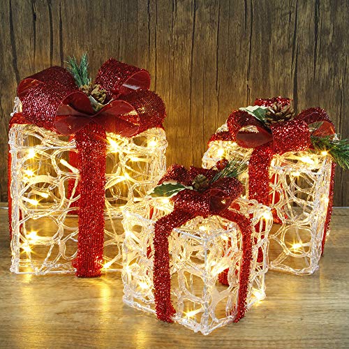 ATDAWN Set of 3 Lighted Gift Boxes Christmas Decorations, Clear Acrylic Pre-lit Present Boxes, Christmas Home Gift Box Decorations