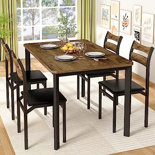 DKLGG Dining Table Set for 4, 43.3' Dining Room Table with 4 Upholstered PU Leather Chairs, Modern Wood Kitchen Table and Chairs Set, 5-Piece Dinette Set for Breakfast Nook, Small Places, Brown