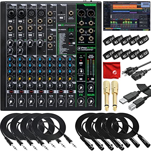 Mackie ProFX10v3 10-Channel Unpowered Mixer USB Bundle with Waveform OEM DAW, 4x Mophead 10-Foot TRS Cable, 4x 10-Foot XLR Cable, 2x 1/4' to 3.5mm Adapter, 10x Cable Ties and Microfiber Cloth