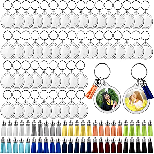 Yaomiao 50 Sets Acrylic Photo Frame Keychain with Tassels, Snap-in Custom Insert Photo Keyring Clear Blank Picture Keyring