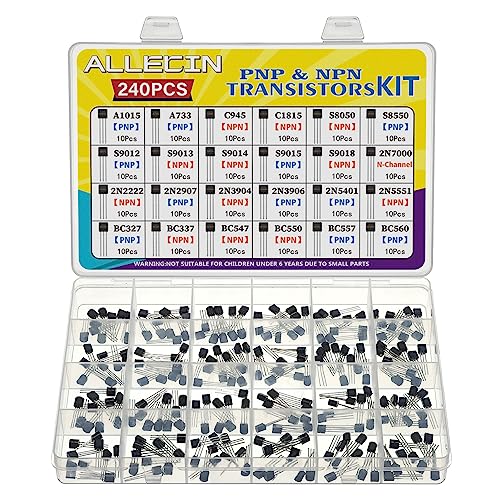 ALLECIN 24 Values BJT Transistor Kit A1015 A733 C945 C1815 S8050 S8550 S9012 S9013 S9014 S9015 S9018 2N7000 2N2222 2N2907 2N3904 2N3906 2N5401 2N5551 BC327 BC337 BC547 BC550 BC557 BC560 Transistors