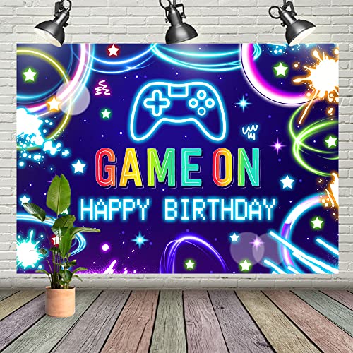 7x5ft Game On Happy Birthday Backdrop Game Night Background Colorful Video Game Bday for Boy Party Decoration Neon Theme Level Up Playstation Glow Gamer Photography Supplies Photo Booth Props