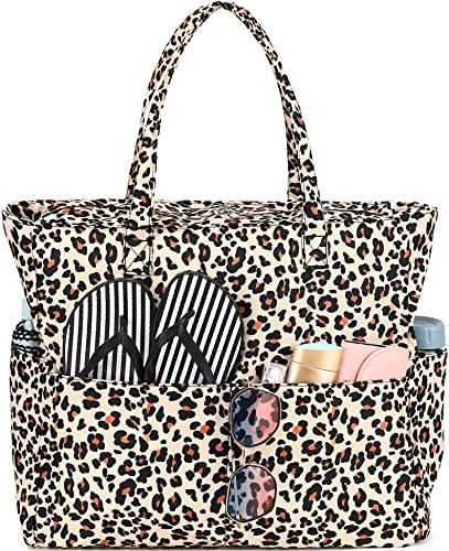 Waterproof Beach Tote Pool Bags Women Ladies Large Gym Tote Carry On Bag With Wet Compartment for Weekender Travel (Leopard)