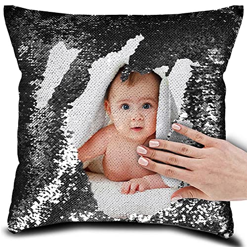 Personalized Picture Magic Reversible Custom Throw Pillowcase, DIY Design Sequin Pictures Photos, Single Side Printed, Pet, Lover & Family Photo Throw Pillow Case, 16''x16'' (Case Only) (Black)
