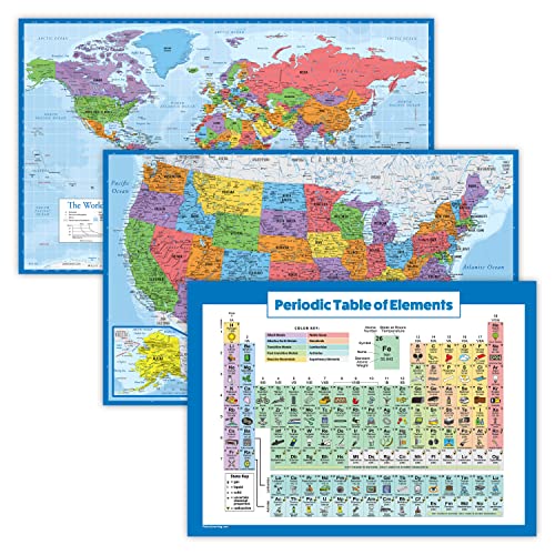 3 Pack - World & USA Map Poster Set + Periodic Table of the Elements Chart for Kids (LAMINATED, 18' x 29)