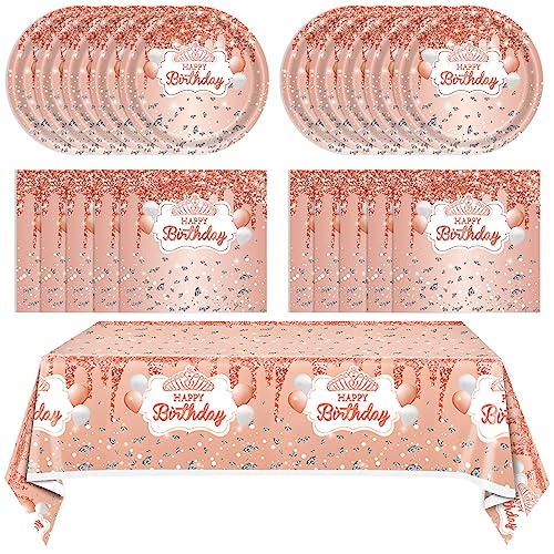 41PCS Pink Rose Gold Birthday Party Supplies, Includes 20 Plates 20 Napkins and 1 Tablecloth Rose Gold Theme Disposable Dinnerware for Girls Women