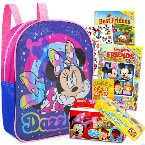 Minnie Mouse Mini Backpack for Girls - Bundle with 11 Inch Minnie Backpack, Disney Look and Find Activity Cards Tin Lunch Box with 2 Disney Hidden Pictures Board Booklets