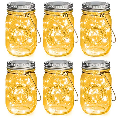 Mlambert Mason Jar Solar Lights 30 LEDs, 6 Pack Hanging Solar Lights Outdoor, Waterproof Fairy Lights Solar Lanterns for Patio Garden, Warm White