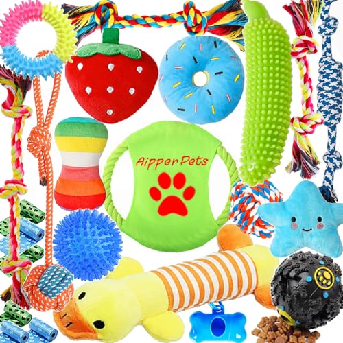 Aipper Dog Puppy Toys 23 Pack, Puppy Chew Toys for Fun and Teeth Cleaning, Dog Squeak Toys,Treat Dispenser Ball, Tug of War Toys, Puppy Teething Toys, Dog Rope Toys Pack for Puppy to Small Dogs