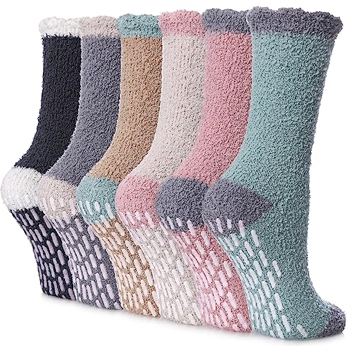 FNOVCO Non Slip Socks for Women Winter Warm Cozy Fuzzy Slipper Socks Soft Fluffy Hospital Socks with Grips (6 Pairs Patchwork)