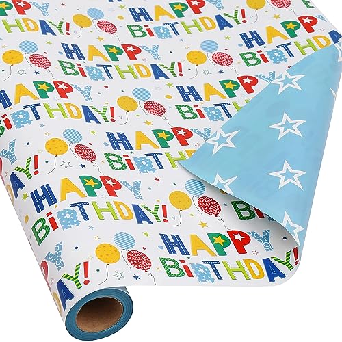CAMKUZON Reversible Birthday Wrapping Paper Roll for Boys Girls Kids Men Women - Colorful Happy Birthday Lettering Balloon and Stars - Gift Wrap Paper for Birthday Party Holiday, 17.7 Inch X 33 Feet