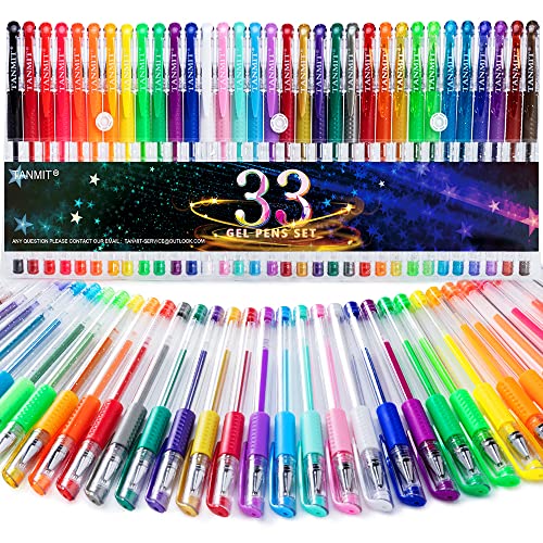 TANMIT Gel Pens, 33 Color Gel Pen Fine Point Colored Pen Set with 40% More Ink for Adult Coloring Books, Drawing, Doodling, Scrapbooks Journaling