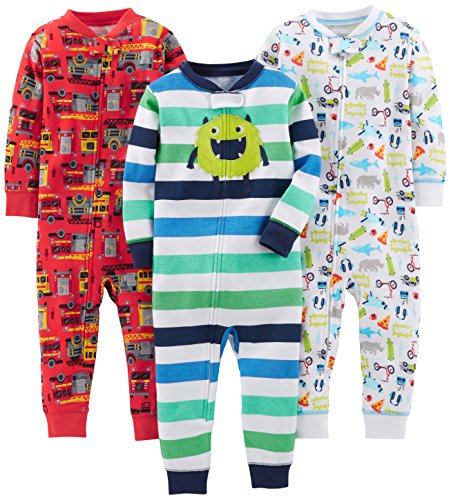 Simple Joys by Carter's Baby Boys' 3-Pack Snug Fit Footless Cotton Pajamas, Red Firetruck/White Monster/Sharks, 18 Months