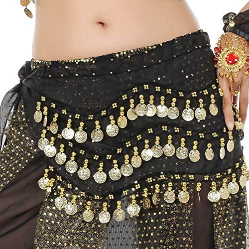 WAYDA Hip Scarf for Belly Dancing, Women's Belly Dance Scarf with 128 Gold Coins Skirts for Bellydance, Zumba or Yoga Class