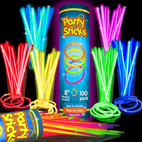 Glow Sticks Bulk Party Favors 100pk - 8' Glow in the Dark Party Supplies, Light Sticks for Neon Party Glow Necklaces and Bracelets for Kids or Adults