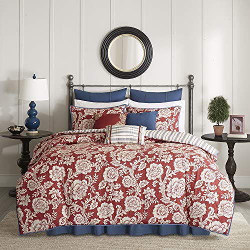 Madison Park Cotton Comforter Set - Modern Cottage Design All Season Down Alternative Reversible Bedding, Matching Shams, Bedskirt, Decorative Pillows, Queen (90 in x 90 in) Red 9 Piece