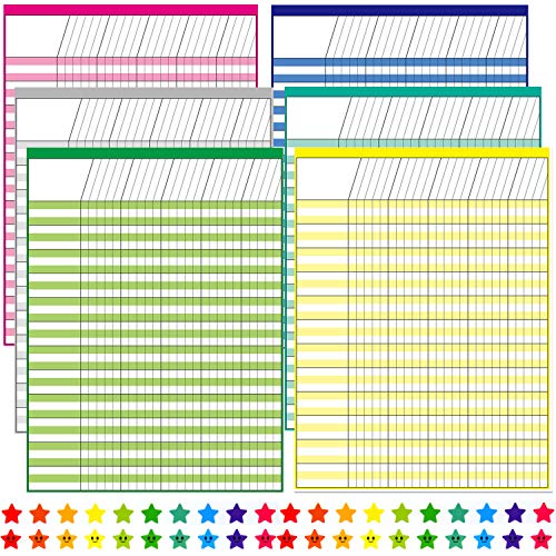 Youngever 6 Pack Multi-Color Laminated Dry Erase Incentive Chart with 120 Reward Star Stickers for Chore Responsibility, School Attendance, Homework Progress Tracking Chart (17 Inch x 22 Inch)