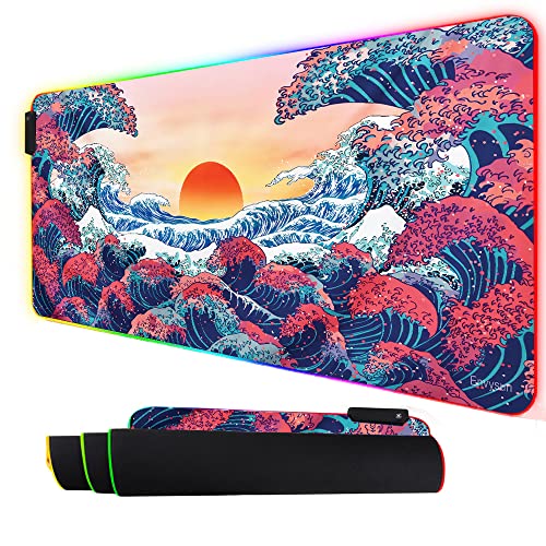 Envysun RGB Gaming Mouse Pad, Large Extended Soft Led Mice Pad with 10 Lighting Modes, Waterproof 31.5 x 11.8 0.12' Thick Rubber Table Mat,Japanese Wave Mousepad 80x30 rgbBigWaves