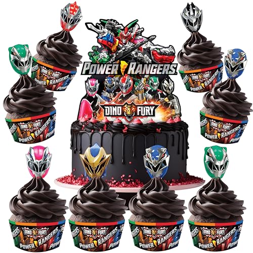 Treasures Gifted Power Rangers Cake Topper Set - (1) Power Rangers Cake Topper & (24) Power Rangers Cupcake Toppers & Wrappers - Officially Licensed Power Rangers Birthday Party Supplies