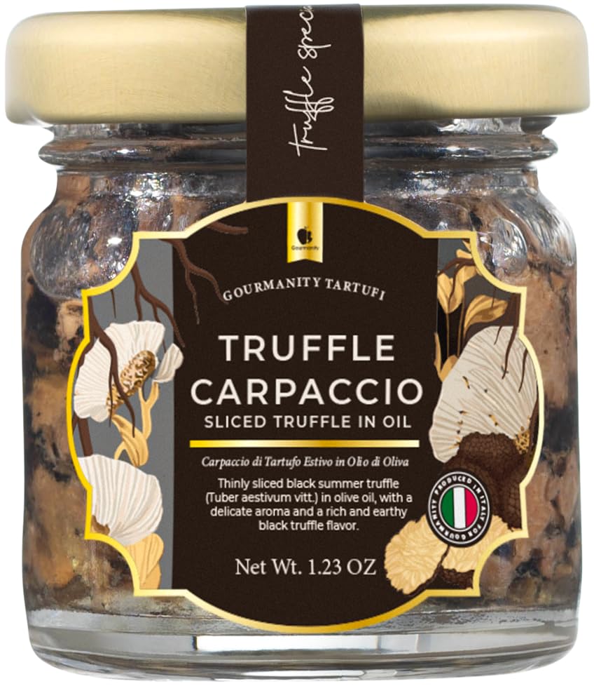 Gourmanity Tartufi Truffle Carpaccio 1.23oz - Sliced Summer Truffle in Olive Oil | Black Truffles (Tuber aestivum Vitt.) from Italy in Olive Oil [1.23oz Jar]