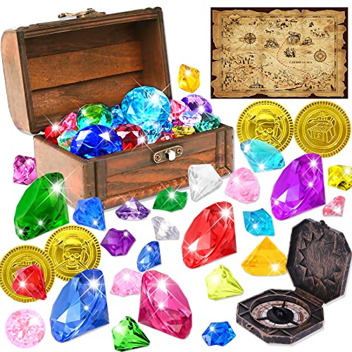 YUJUN Diving Gem Pirate Toys Colorful Pool Acrylic Diamonds Pirate Treasure Chest Gold Coins with Underwater Swimming Throw Pirate Toy for Kids Birthday Summer Swimming Pool Party Favor
