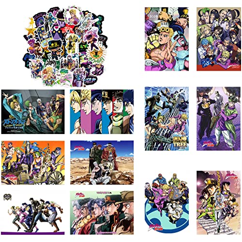 MiodiyaArt Anime JoJos Poster 12 Pcs (with 50 Pieces Anime Stickers) 16.5 x 11.5 inch Adventure Wall Decor Anime Merch Art Prints HD Posters for Fans