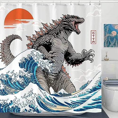 Wegklazax Funny Dinosaur Shower Curtain Cool Japanese Ocean Wave Shower Curtain Bathroom Curtain Decor Set with 12 Hooks Waterproof Fabric