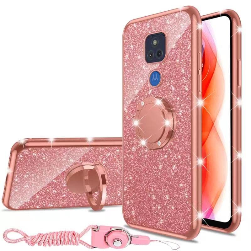 nancheng for Moto G Play (2021), Phone Case for Motorola G Play 2021 Women Glitter Cute Luxury Soft TPU Silicone Clear Cover with Lanyard Stand Bumper Shockproof Full Body Protection Case - Rose Gold