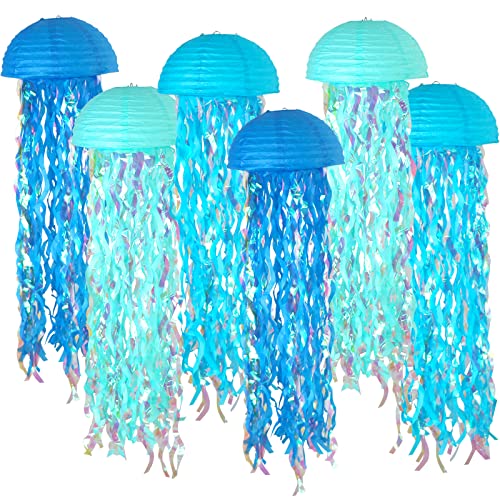 ADLKGG Blue Hanging Jelly Fish Paper Lanterns, Gradient Colorful Paper Lanterns for Mermaid Theme Party Under The Sea Ocean Birthday Decorations Baby Shower Baby Room
