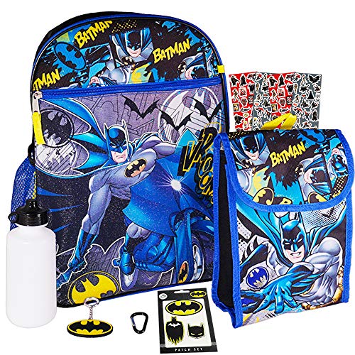 Batman Backpack and Lunch Box Set for Kids Boys ~ 7 Pc Deluxe 16' Batman School Bag, Lunch Bag, Patches, Stickers, and More (Batman School Supplies Bundle)