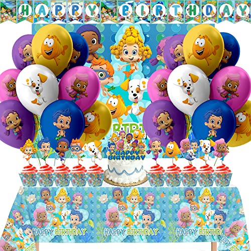 Nelton Party Supplies For Bubble Includes Backdrop - Cake Topper - 24 Cupcake Toppers - 20 Balloons - Table Cloth - Banner