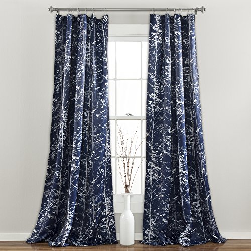 Lush Decor Forest 84 X 52 1 Curtains-Tree Branch Leaf Darkening Window Panel Drapes Set for Living, Dining, Bedroom (Pair), 84 in x 52 in, Navy