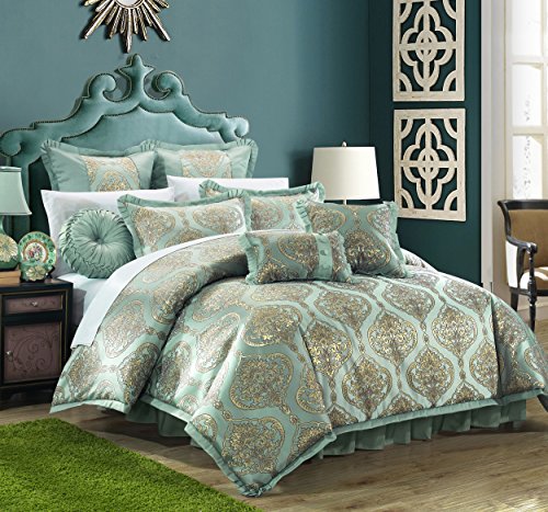Chic Home CS4630-AN 9 Piece Como Decorator Upholstery Quality Jacquard Motif Fabric Bedroom Comforter Set & Pillows Ensemble, King, Blue