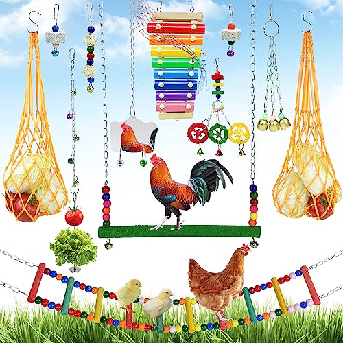 12 Pack Chicken Toys for Hens,Net Mirror Bell Xylophone String Vegetable Fruits Skewer Hanging Ladder Swings Coop Accessories for Hens Bird Parrot