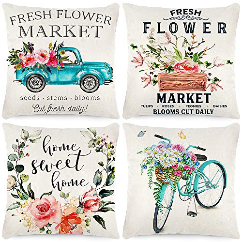 CDWERD 18x18 Pillow Covers, Set of 4 Spring Pillow Covers, Fresh Flower Market Spring Decorations Throw Farmhouse Pillowcase Linen Cushion Case for Spring Home Décor