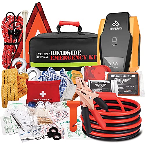 Everlit Survival Car Emergency Kit, Roadside Safety Tool Kit with Gloves,Digital Auto Air Compressor Tire Inflator, First Aid Kit, 12 Feet Jumper Cable, Tow Strap, Flashlight for Women, Men, Teenagers