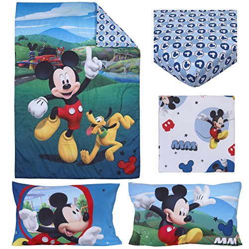 Disney 4 Piece Toddler Bedding Set Mickey Mouse Playhouse Blue/White, Fits Standard Toddler beds - 52' x 28', 4 Count (Pack of 1)
