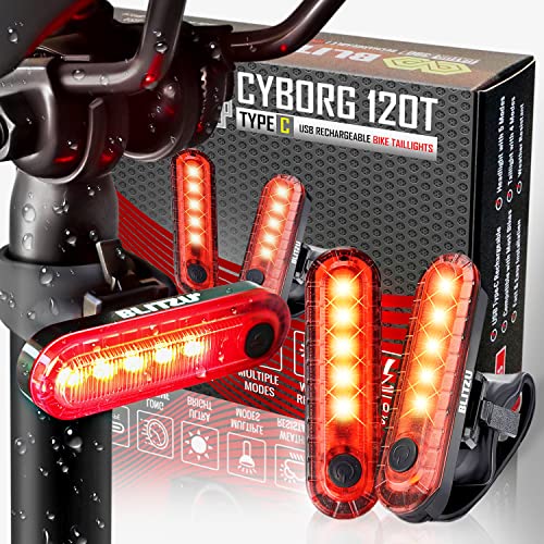 2024 BLITZU USB-C Rechargeable Bike Tail Light 2 Pack, Cyborg 120T Bright Red LED Bicycle Rear Light, Waterproof Helmet Lights, Cycling Flashlight Safety Reflectors Accessories, Fits Adult, Kids MTB