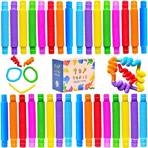 32Pack Pop Tubes, Fidget Tubes for Children and Adult Sensory Fidget Toy Set for Stress and Anxiety Relief Educational Learning Toys for Kids