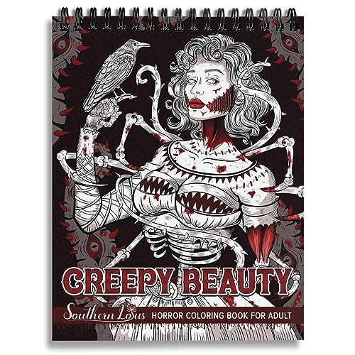 Creepy Beauty Coloring Book Wirebound for Adults Women Girls Seniors Family with Horror Illustrations Holiday Birthday Art Lover Gifts Relieve Stress Relaxation Mindfulness