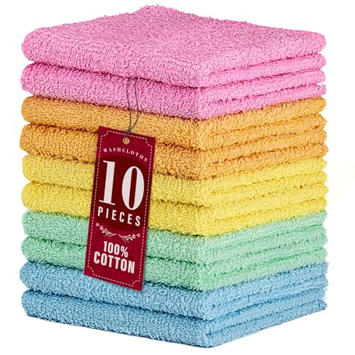 DecorRack 10 Pack 100% Cotton Wash Cloth, Luxurious Soft, 12 x 12 inch Ultra Absorbent, Machine Washable Washcloths, Assorted Colors (10 Pack)