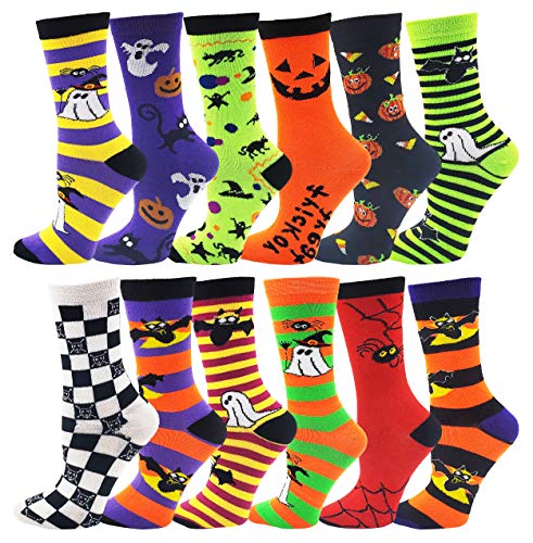 Halloween Socks for Women Girls, 12 Pairs Bats Pumpkins Ghosts Print, Colorful Pattern Novelty Cute